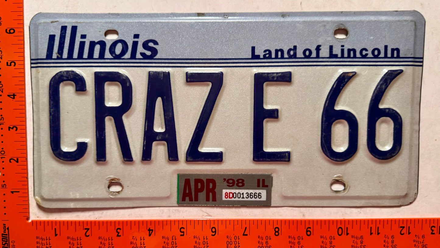 1998 Illinois #CRAZE 66 Passenger Vanity License Plate