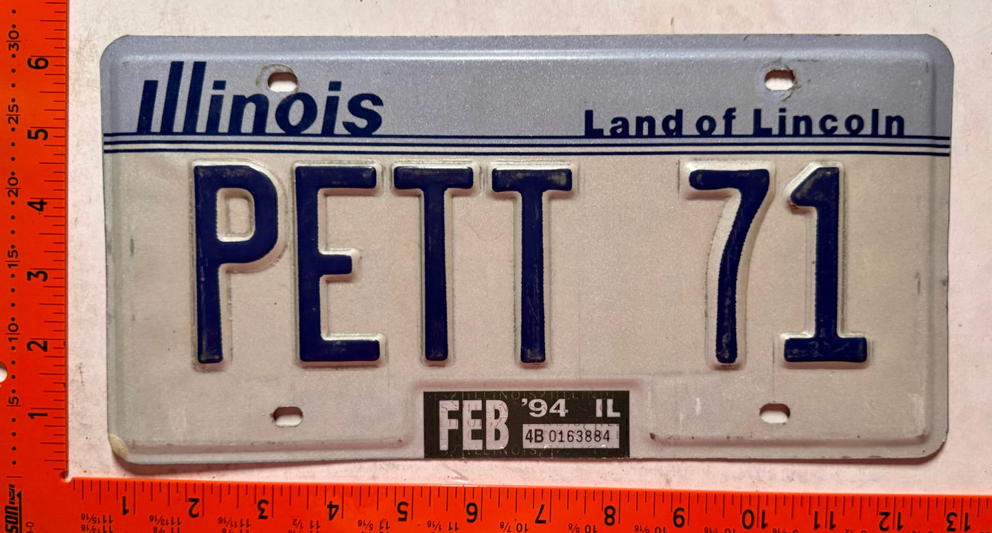 1994 Illinois #PETT 71 Passenger Vanity License Plate