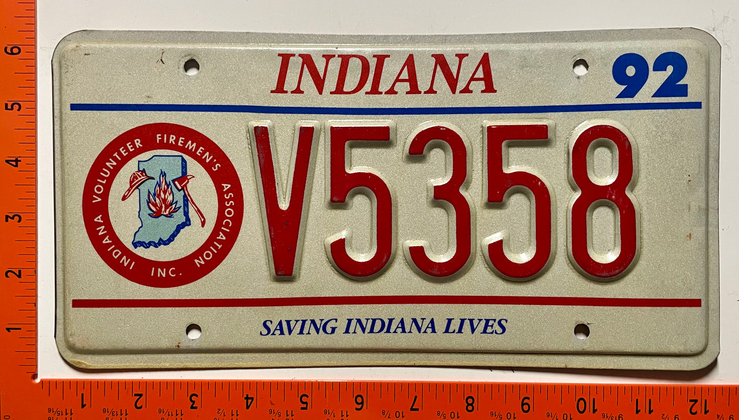 1992 Indiana #V5358 Volunteer Fireman License Plate