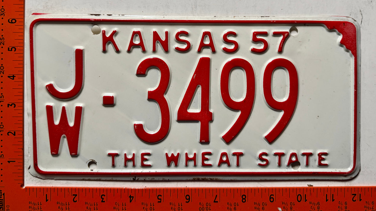 1957 Kansas #JW-3499 Passenger License Plate