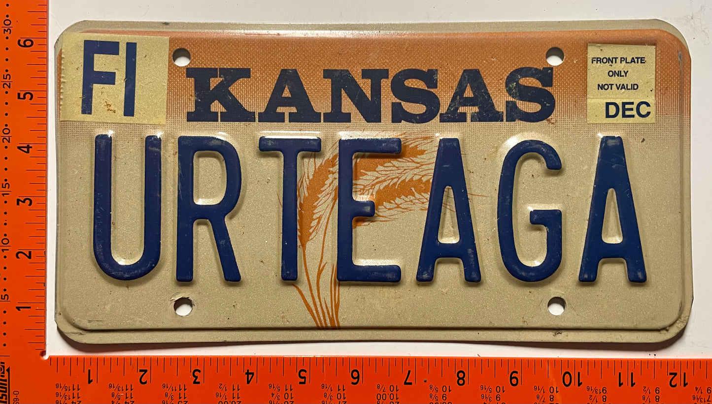 undated Kansas #URTEAGA Passenger Vanity License Plate