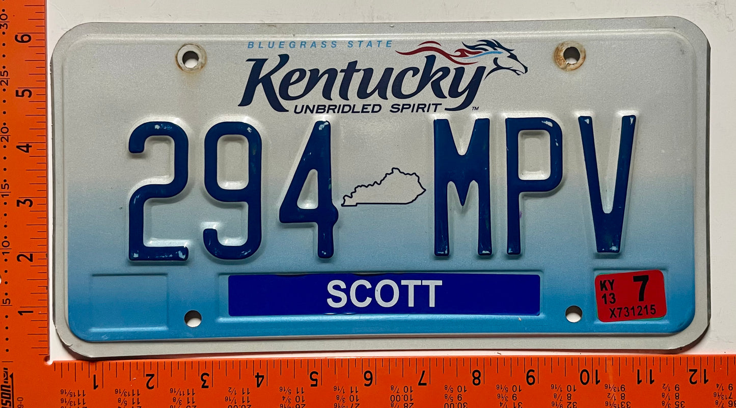 2013 Kentucky #294 MPV Passenger License Plate