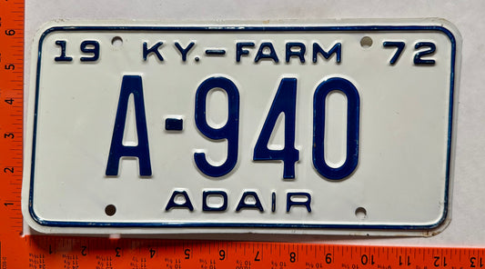 1972 Kentucky #A-940 Farm License Plate