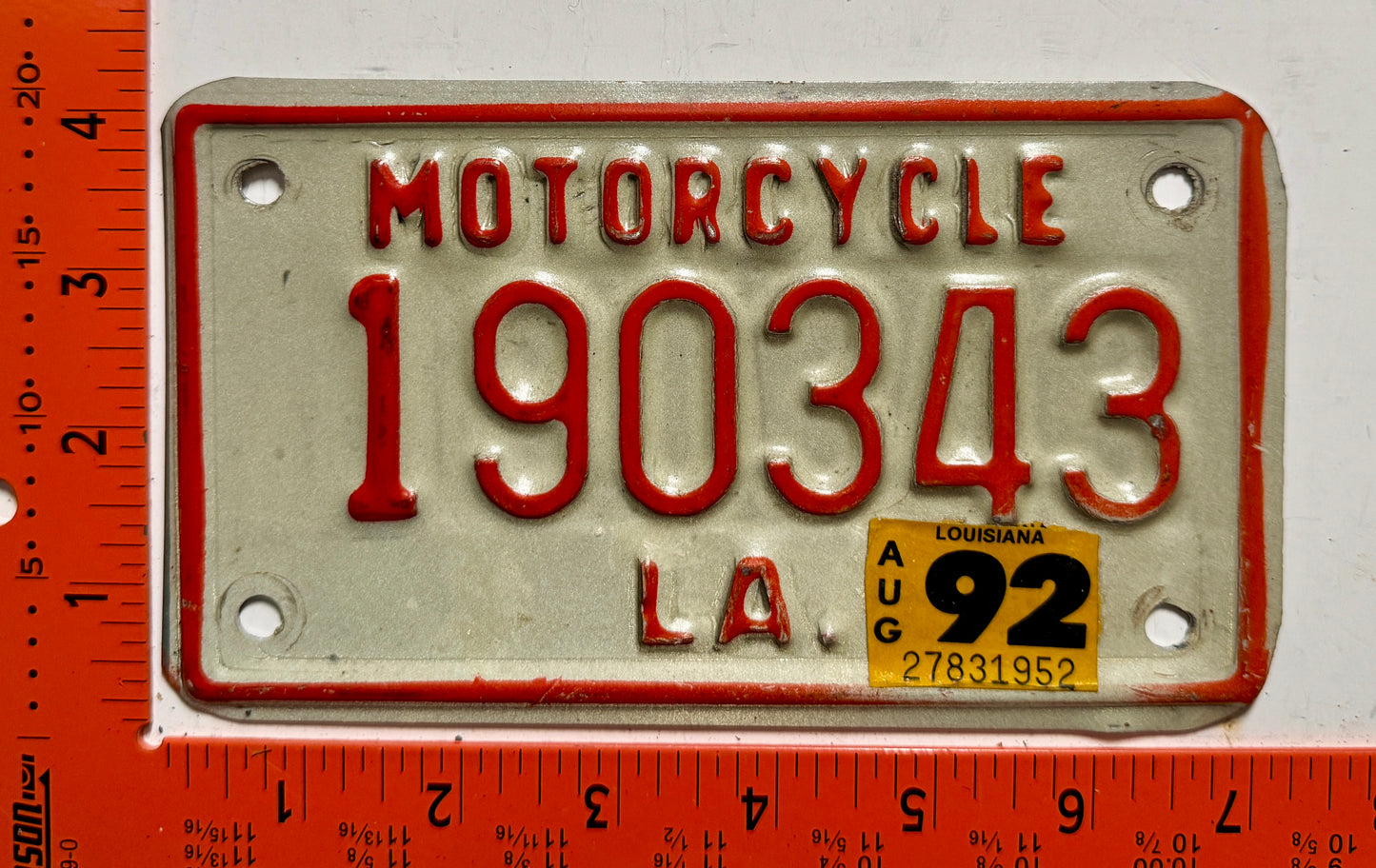 1992 Louisiana #190343 Motorcycle License Plate