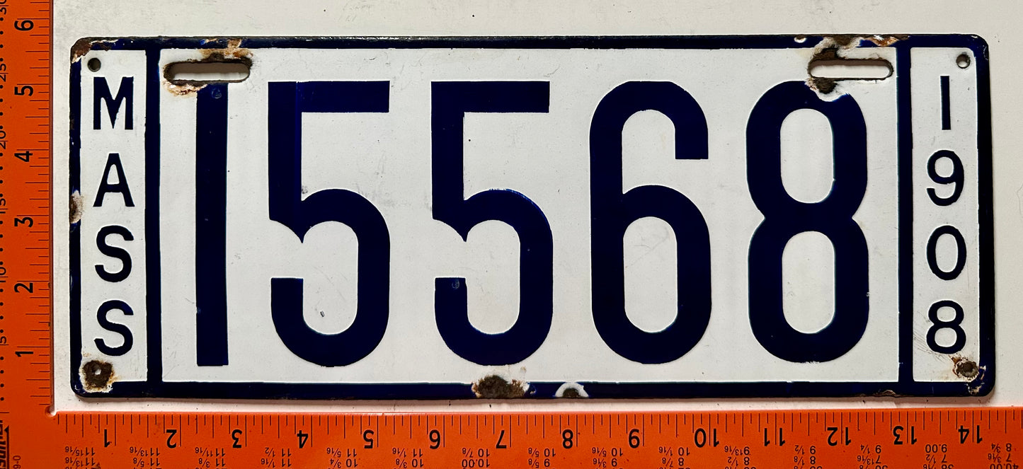 1908 Massachusetts #15568 Passenger License Plate (Porcelain)