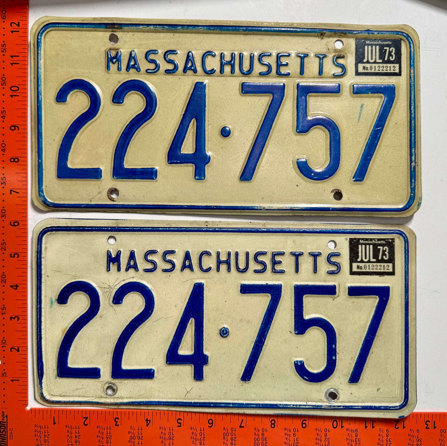 1973 Massachusetts #224-757 Passenger License Plate Pair