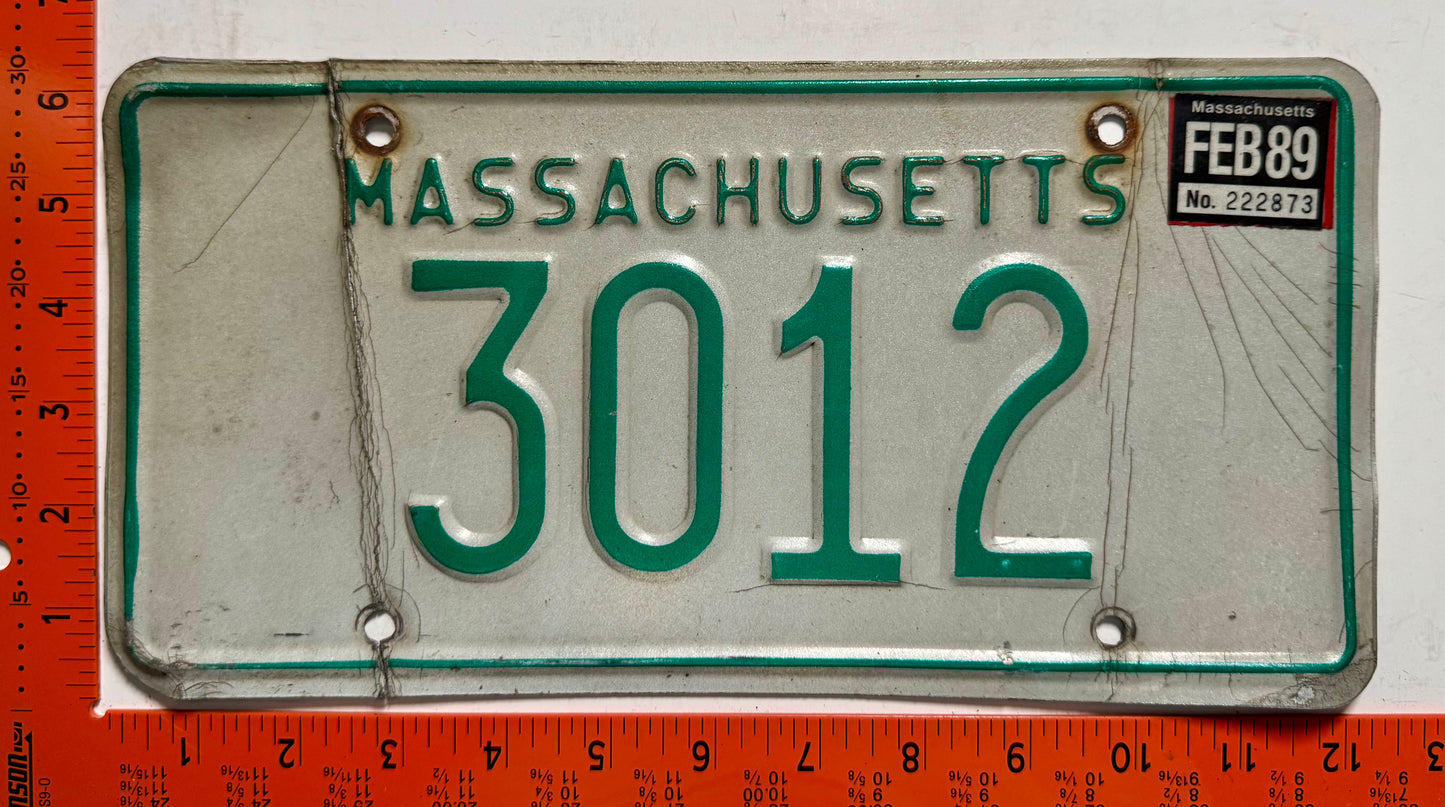 1989 Massachusetts #3012 Passenger License Plate