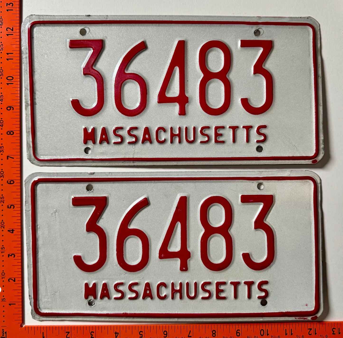 1973 base Massachusetts #36483 Passenger License Plate Pair