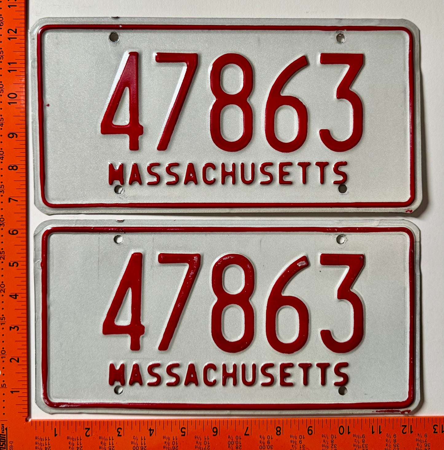 1973 base Massachusetts #47863 Passenger License Plate Pair