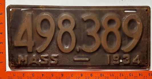 1934 Massachusetts #498,389 Passenger License Plate
