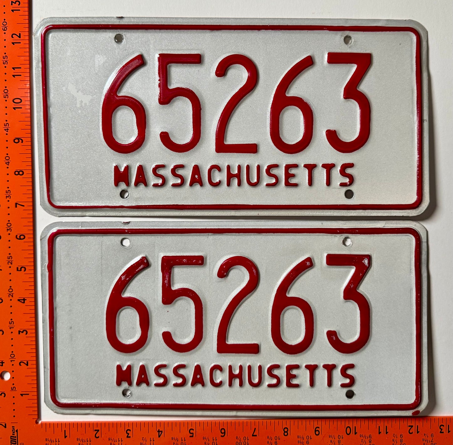 1973 base Massachusetts #65263 Passenger License Plate Pair
