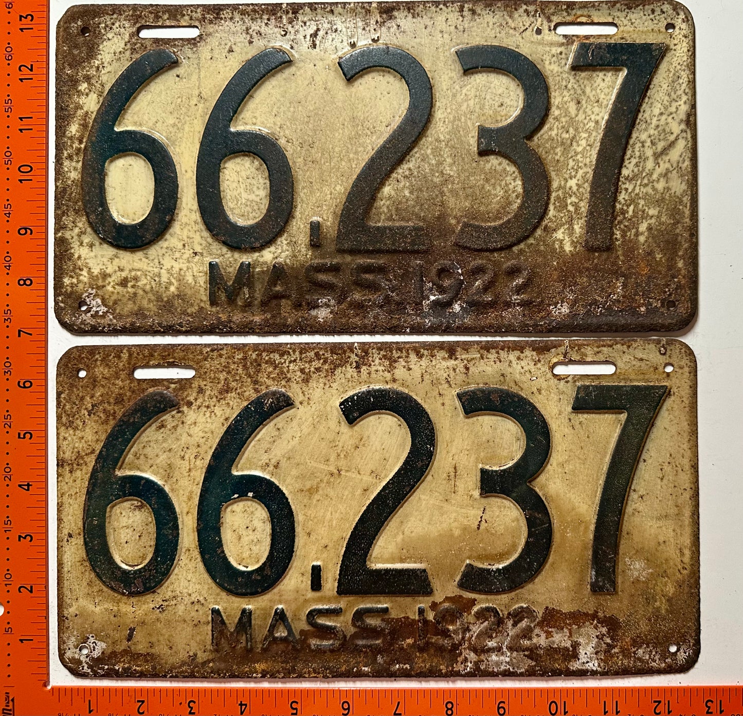 1922 Massachusetts #66,237 Passenger License Plate (Pair)