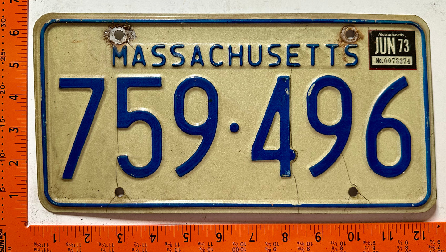 1973 Massachusetts #759-496 Passenger License Plate