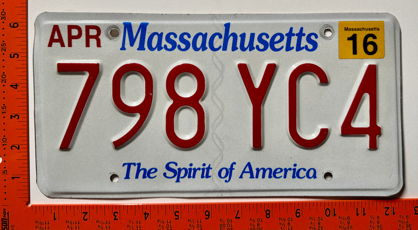 2016 Massachusetts #798 YC4 Passenger License Plate