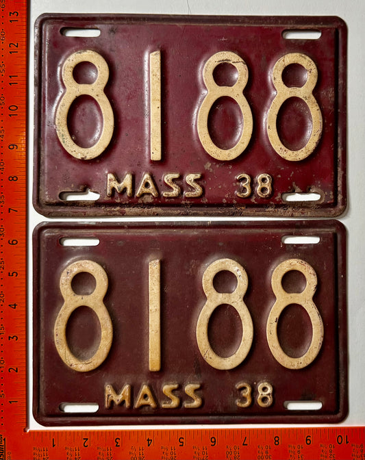 1938 Massachusetts #8188 Passenger License Plate Pair