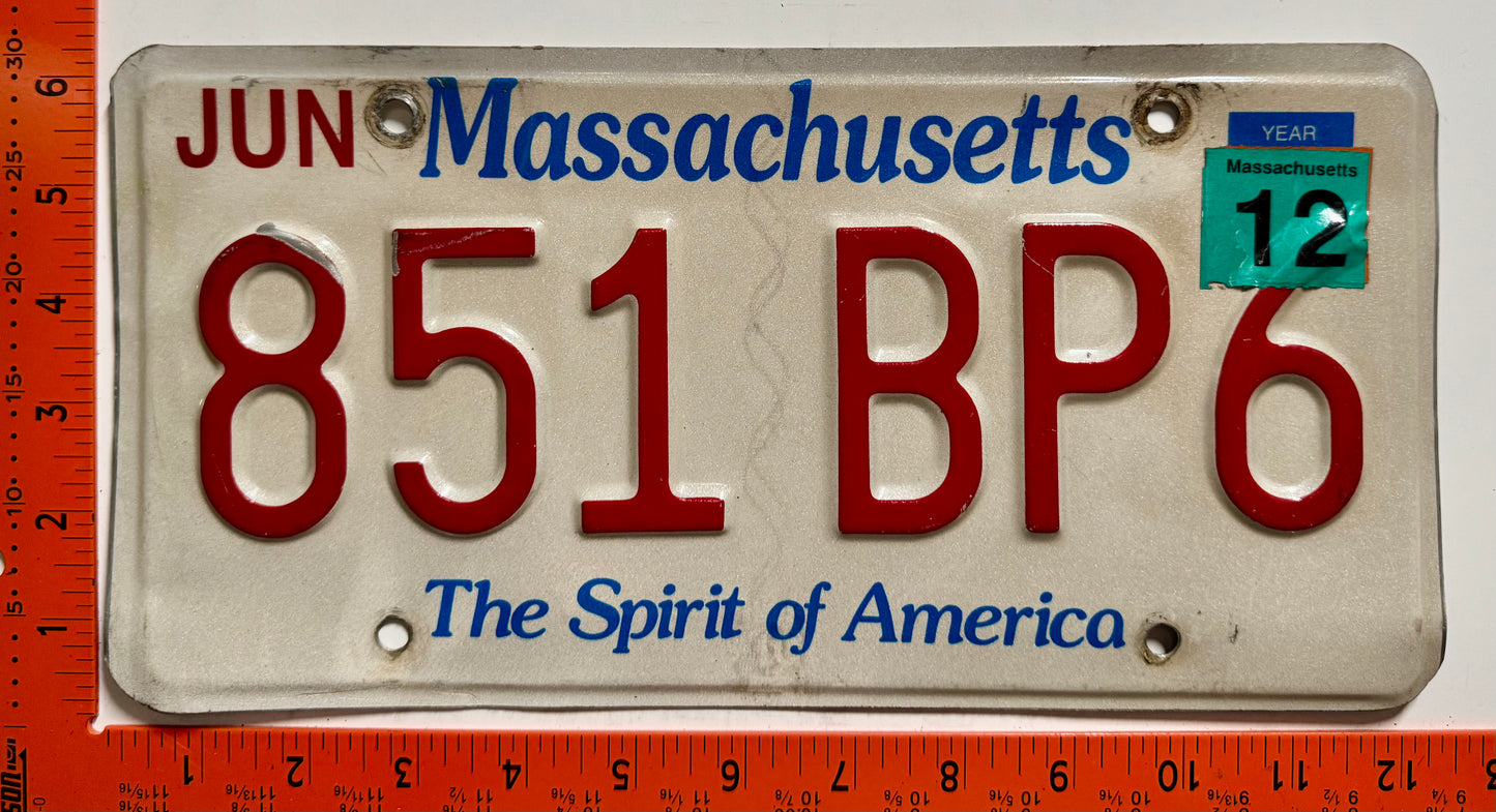 2012 Massachusetts #851 BP6 Passenger License Plate