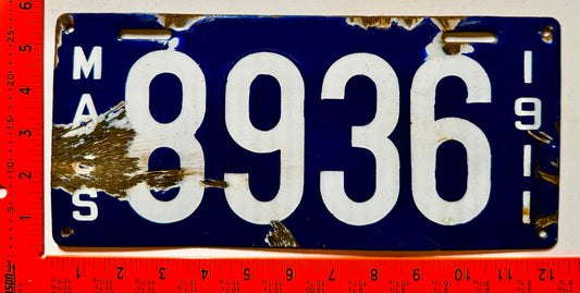 1911 Massachusetts #8936 Passenger License Plate (Porcelain)