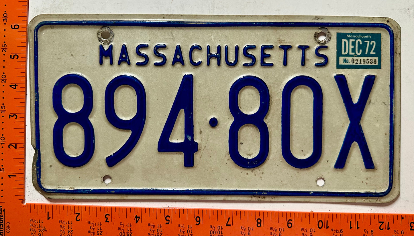 1972 Massachusetts #894-80X Passenger License Plate