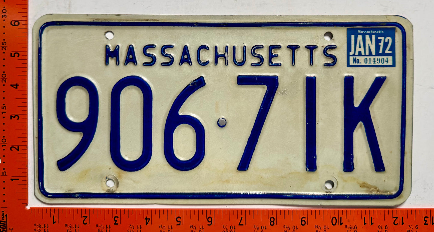 1972 Massachusetts #906-71K Passenger License Plate