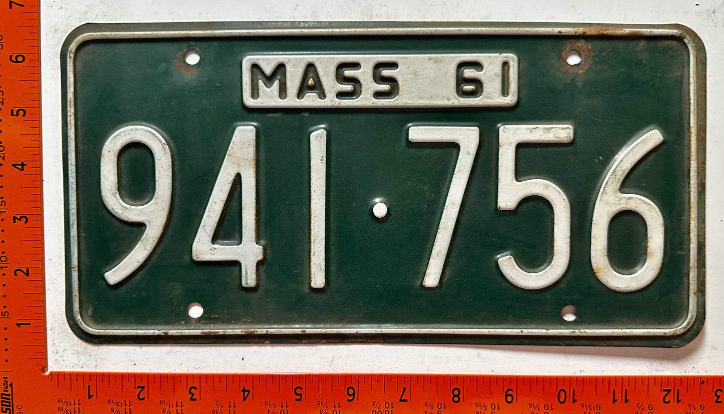 1961 Massachusetts #941-756 Passenger License Plate