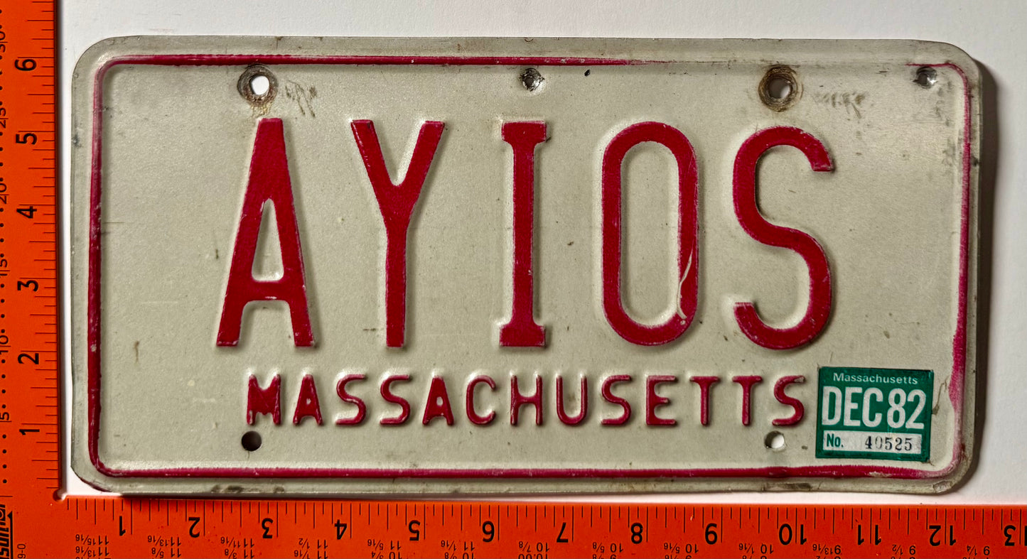 1982 Massachusetts #AYIOS Passenger Vanity License Plate