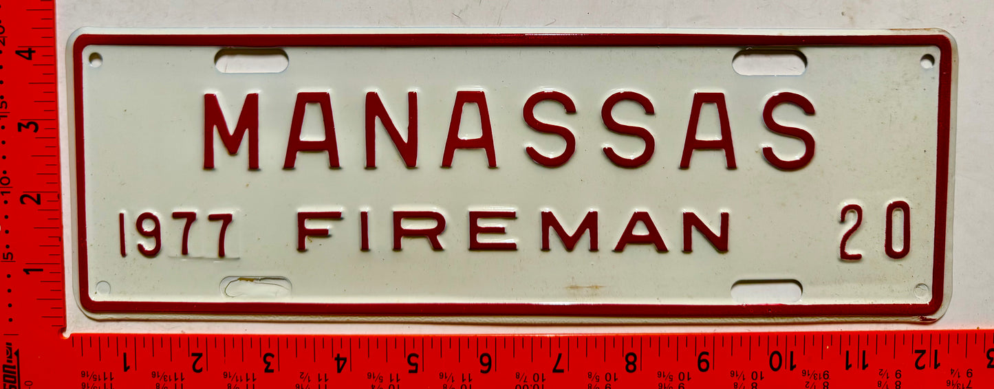 1977 Manassas, Virginia #20 Fireman License Plate