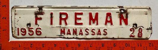 1956 Manassas, Virginia #28 Fireman License Plate
