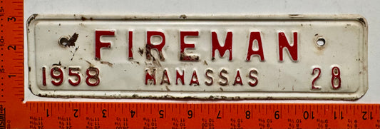 1958 Manassas, Virginia #28 Fireman License Plate