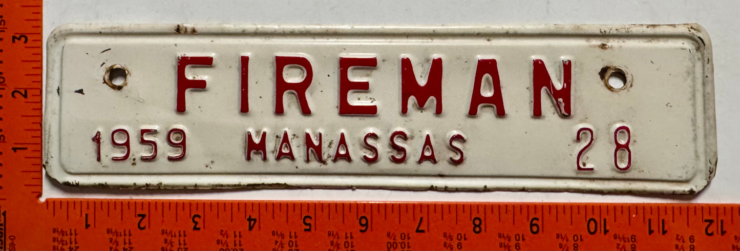 1959 Manassas, Virginia #28 Fireman License Plate