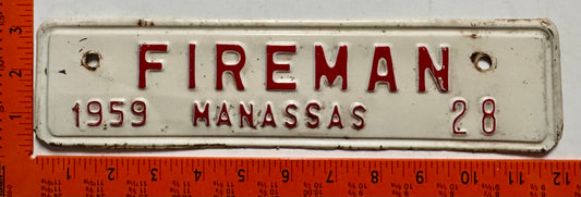 1959 Manassas, Virginia #28 Fireman License Plate