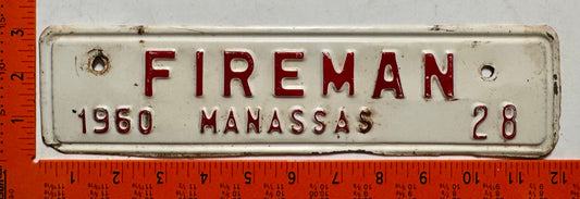 1960 Manassas, Virginia #28 Fireman License Plate