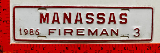 1986 Manassas, Virginia #3 Fireman License Plate