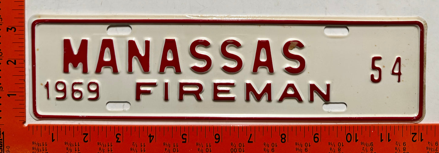 1969 Manassas, Virginia #54 Fireman License Plate