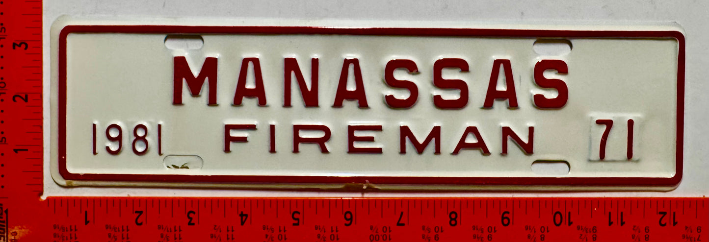 1981 Manassas, Virginia #71 Fireman License Plate