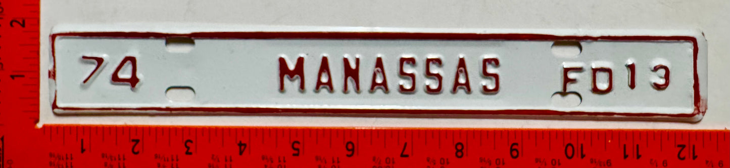 1974 Manassas, Virginia #FD13 Fireman License Plate