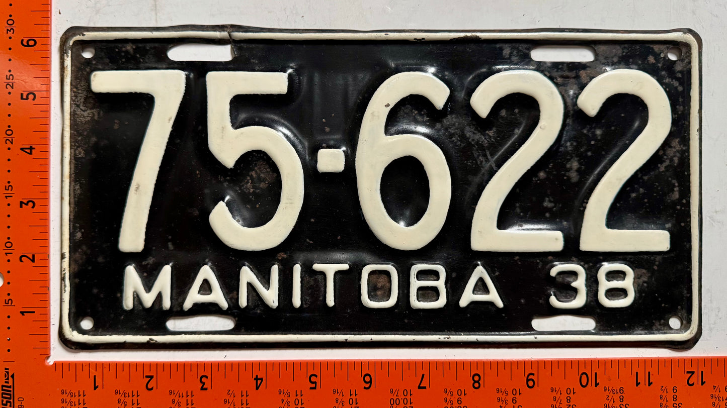 1938 Manitoba #75-622 Passenger License Plate (partial repaint)