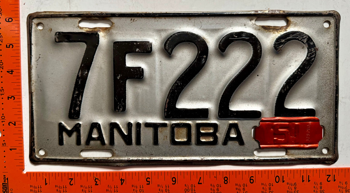 1951 Manitoba #7F222 Passenger License Plate