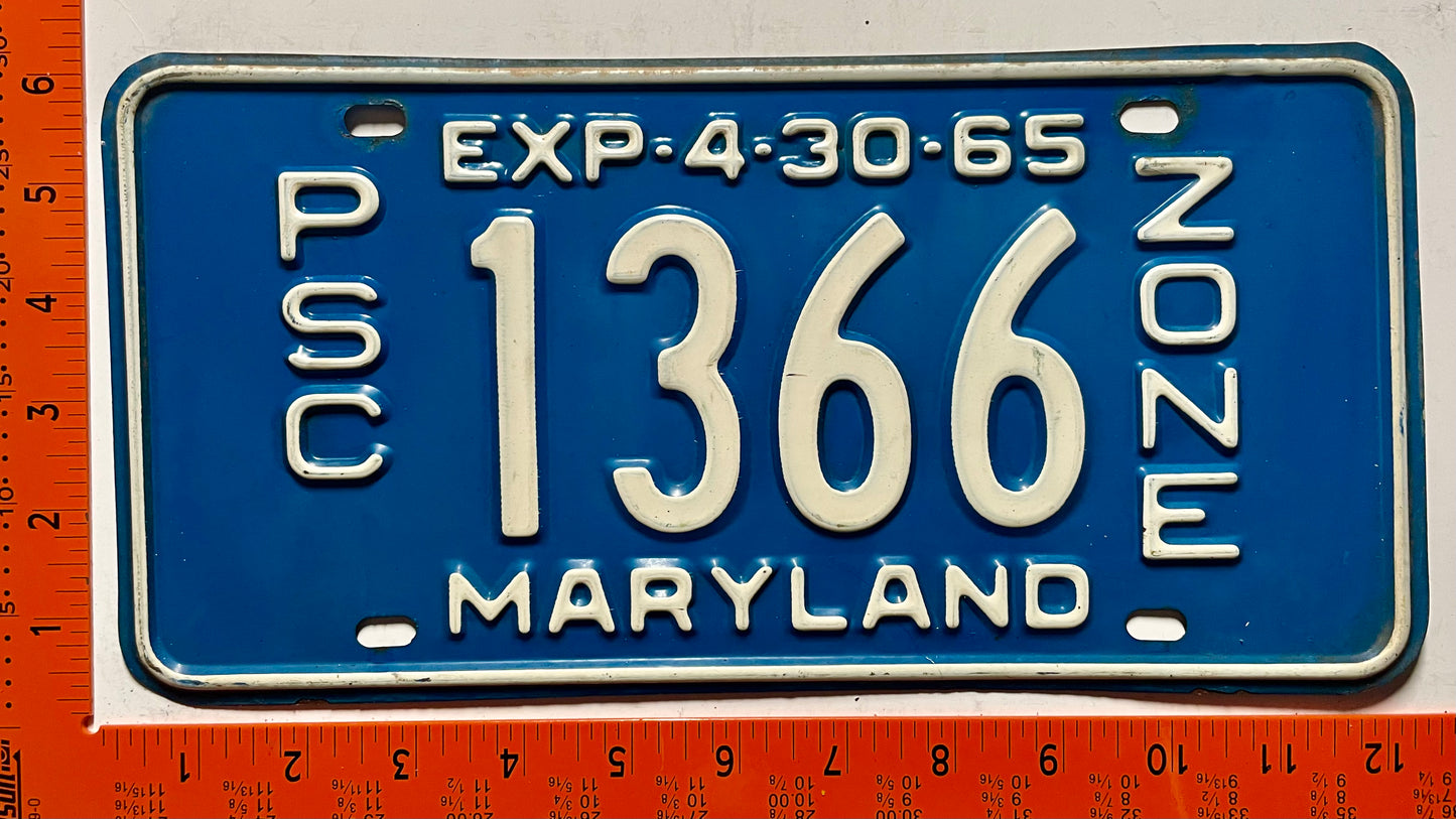 1965 Maryland #1366 PSC Zone (Bus) License Plate