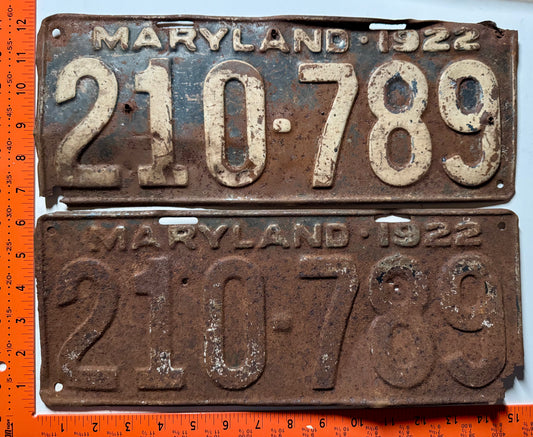 1922 Maryland #210-789 Passenger License Plate (Pair)