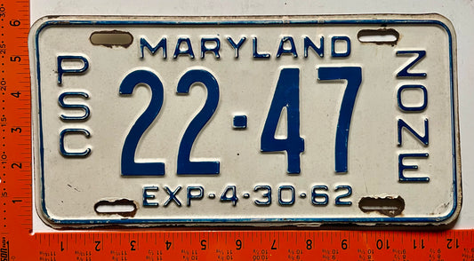 1962 Maryland #22-47 PSC Zone (Bus) License Plate