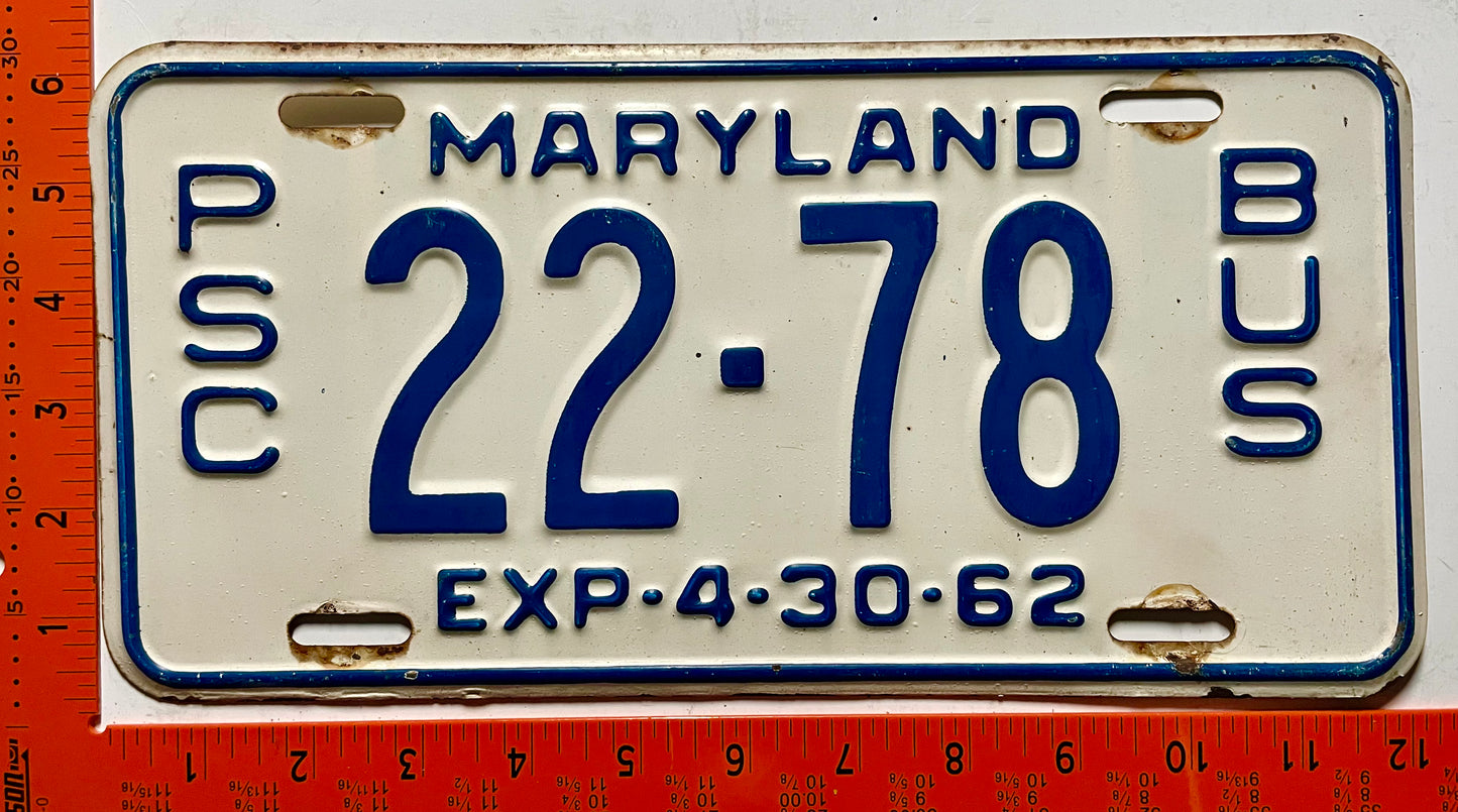1962 Maryland #22-78 PSC Bus License Plate
