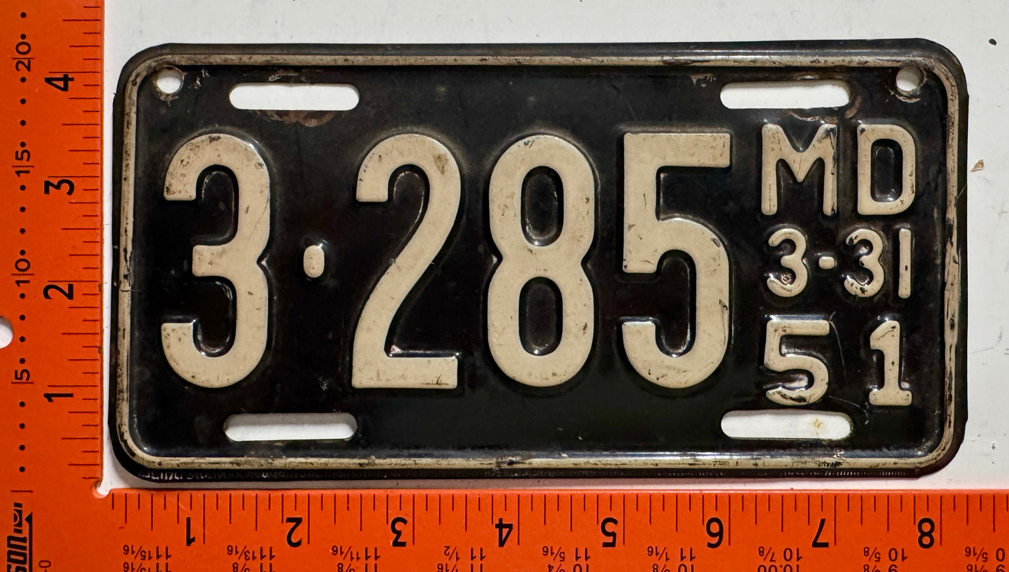 1950 Maryland #3-285 Motorcycle License Plate