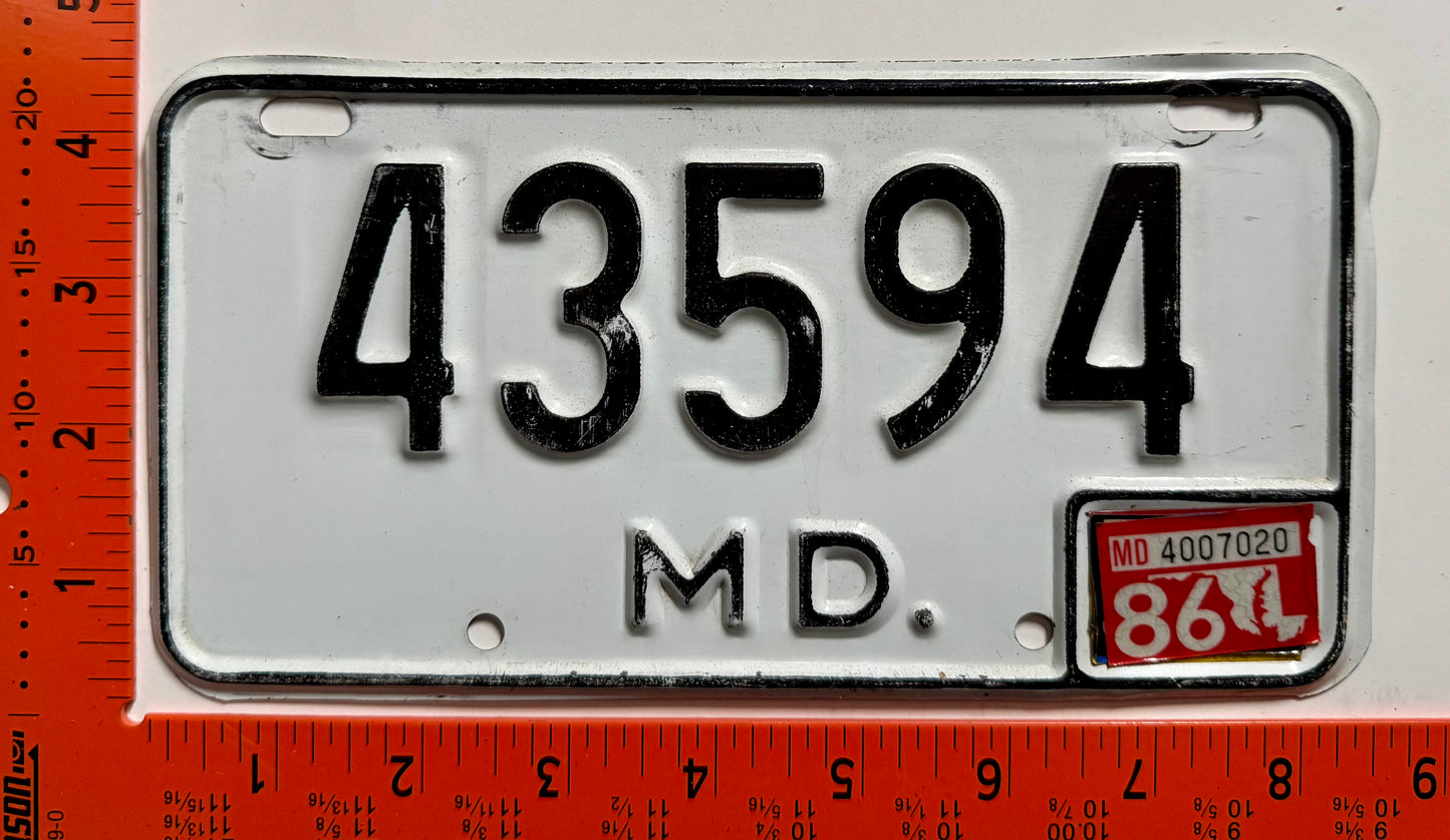 1986 Maryland #43594 Motorcycle License Plate