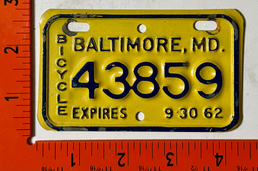 1962 Baltimore, Maryland #43859 Bicycle License Plate