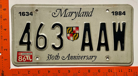 1986 Maryland #463 AAW 350th Anniversary Optional License Plate