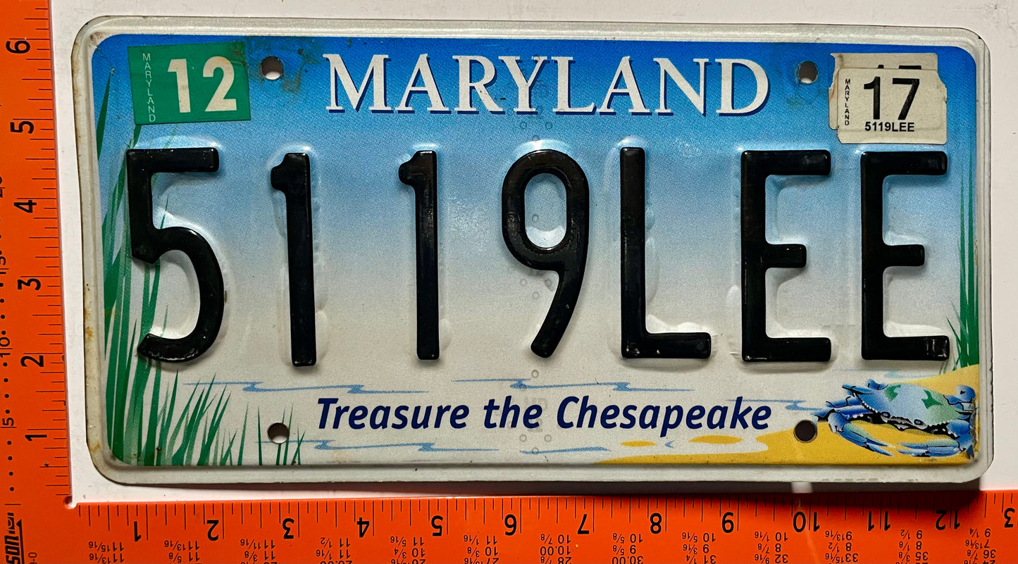 2017 Maryland #5119LEE Treasure the Chesapeake Vanity License Plate