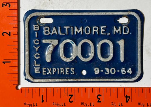 1964 Baltimore, Maryland #70001 Bicycle License Plate