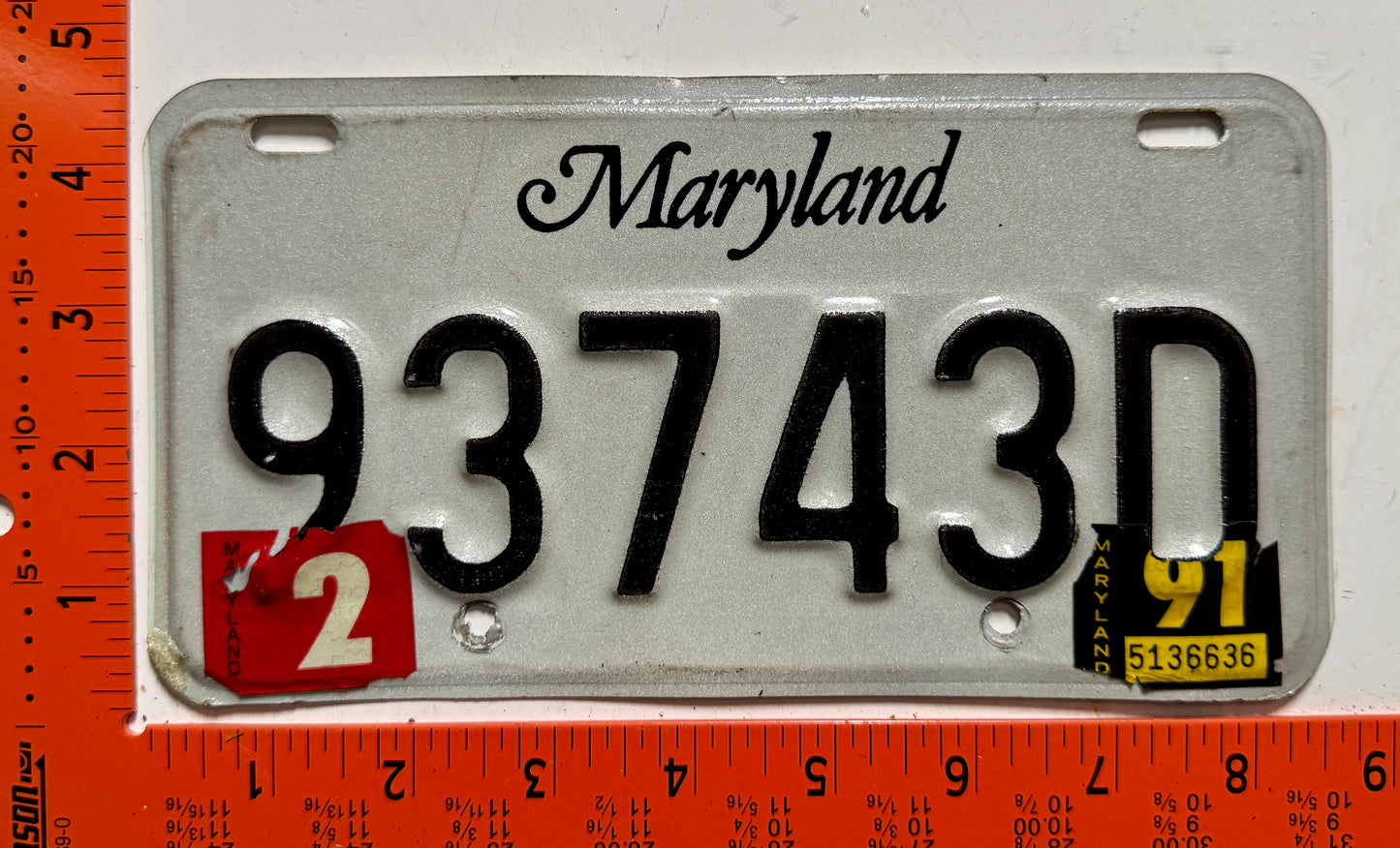 1991 Maryland #93743D Motorcycle License Plate