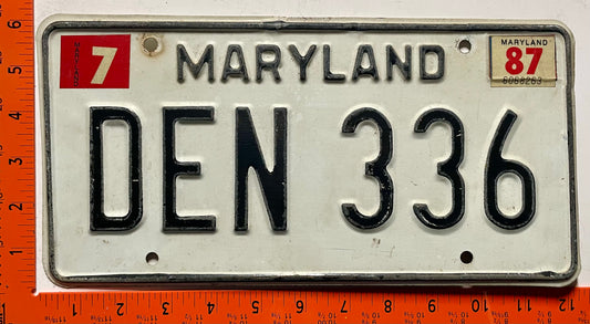 1987 Maryland #DEN 336 Passenger License Plate