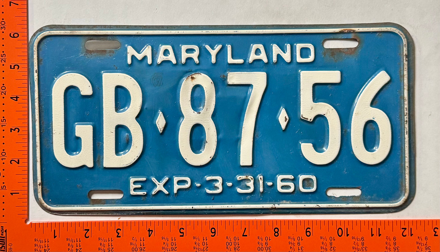 1960 Maryland #GB-87-56 Passenger License Plate